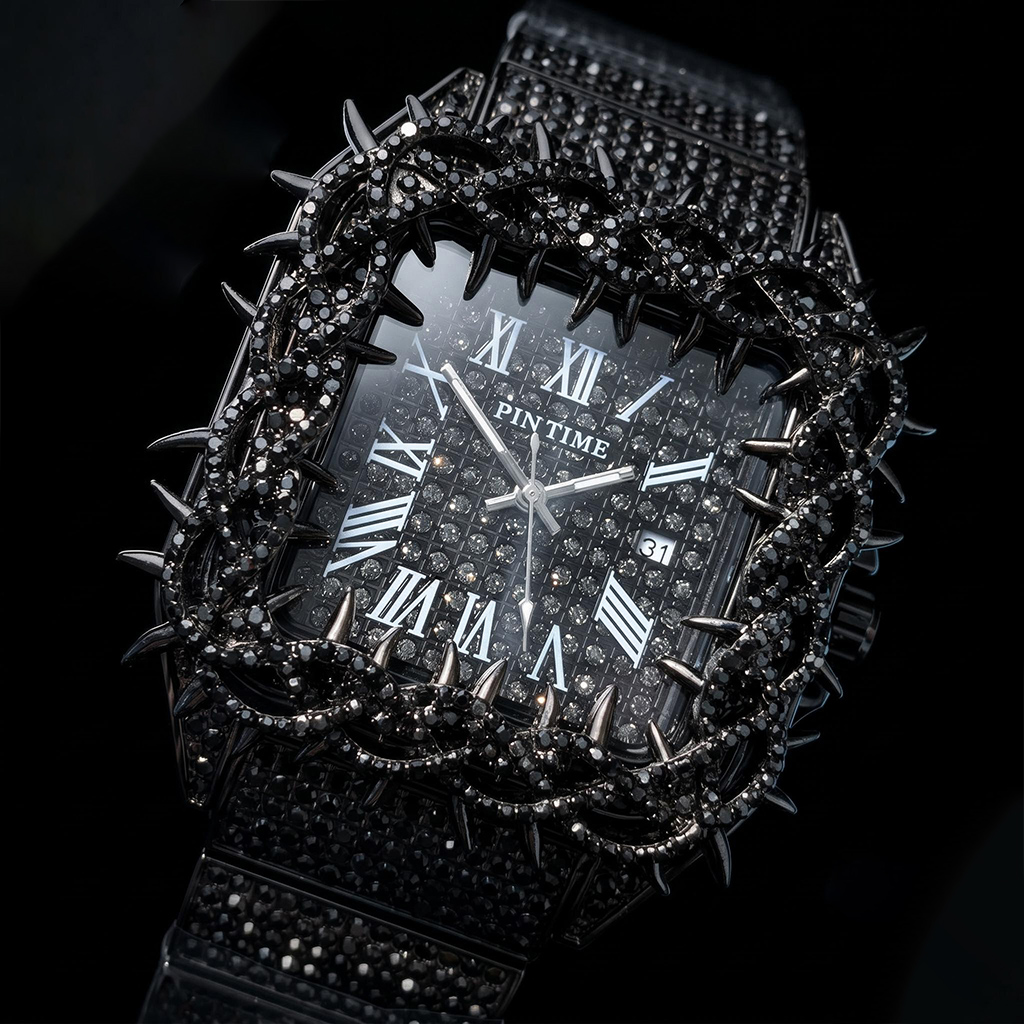 Iced Out Thorn Square Bezel Quartz Watch in Black Gold
