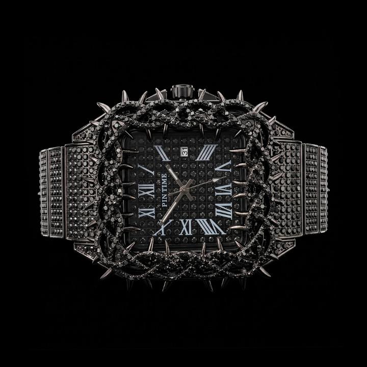 Iced Out Thorn Square Bezel Quartz Watch in Black Gold Iced Out Thorn Square Bezel Quartz Watch in Black Gold