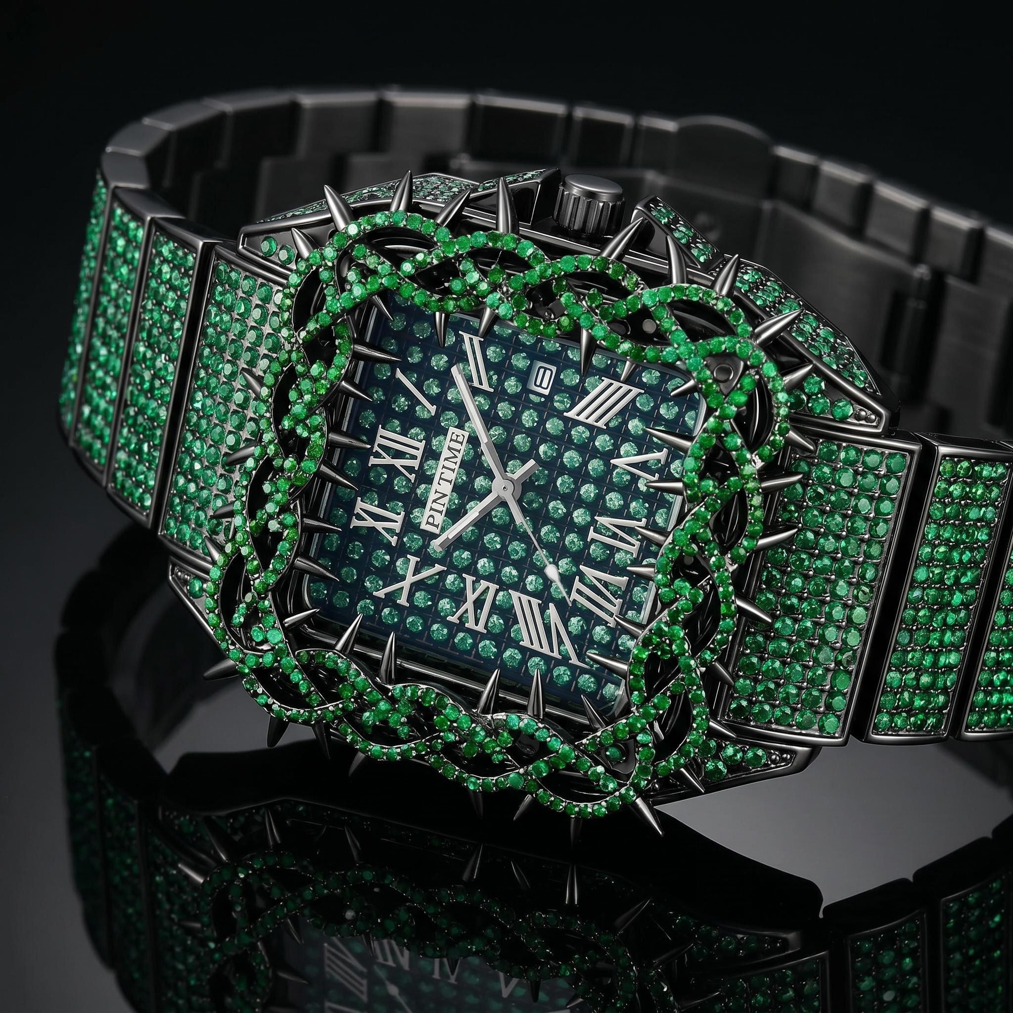 Iced Out Green Thorn Square Bezel Quartz Watch in Black Gold