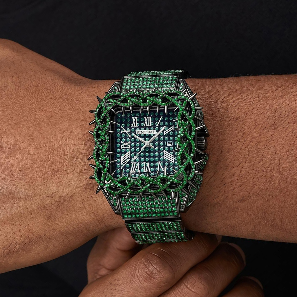 Iced Out Green Thorn Square Bezel Quartz Watch in Black Gold