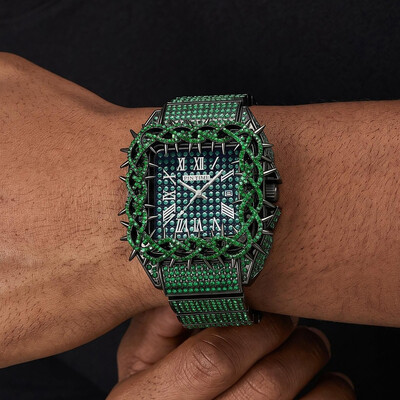 Iced Out Green Thorn Square Bezel Quartz Watch in Black Gold