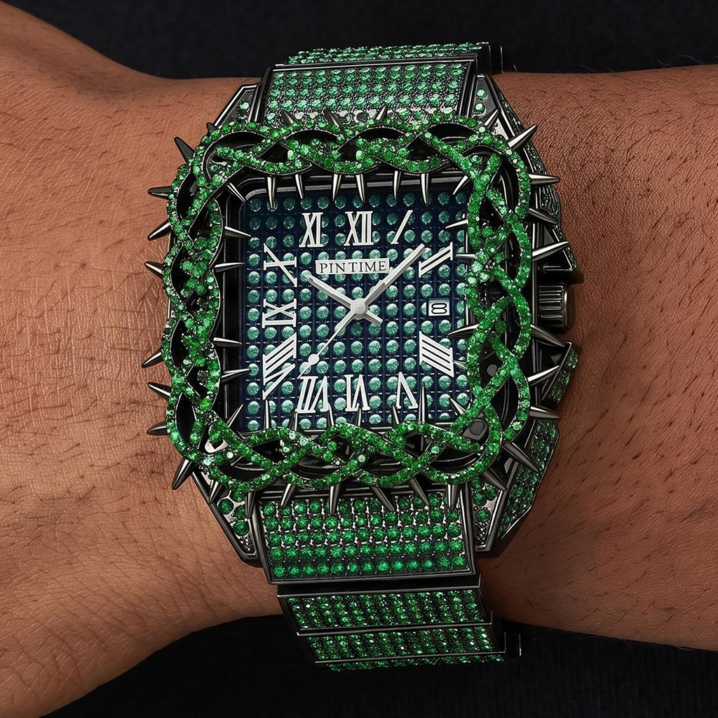 Iced Out Green Thorn Square Bezel Quartz Watch in Black Gold