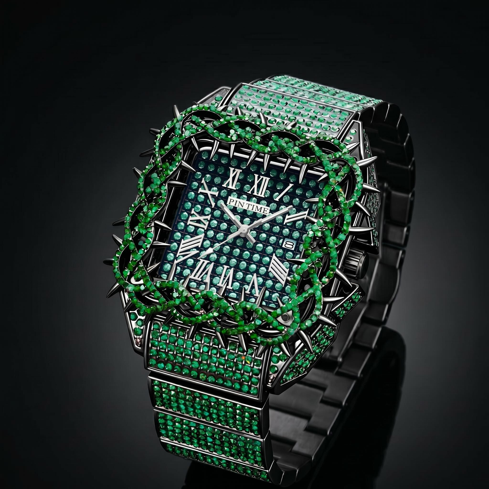 Iced Out Green Thorn Square Bezel Quartz Watch in Black Gold