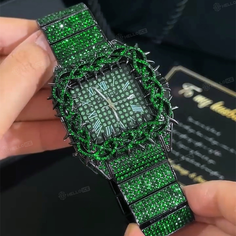 Iced Out Green Thorn Square Bezel Quartz Watch in Black Gold