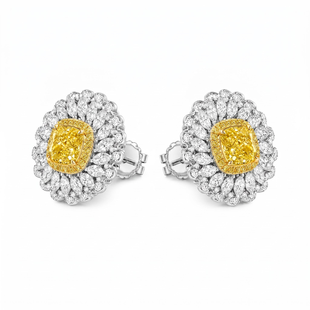 3.87 ct.tw. 2-in-1 Detachable Yellow Cushion Cut with Marquise Cut Floral Halo Stud Earrings 3.87 ct.tw. 2-in-1 Detachable Yellow Cushion Cut with Marquise Cut Floral Halo Stud Earrings