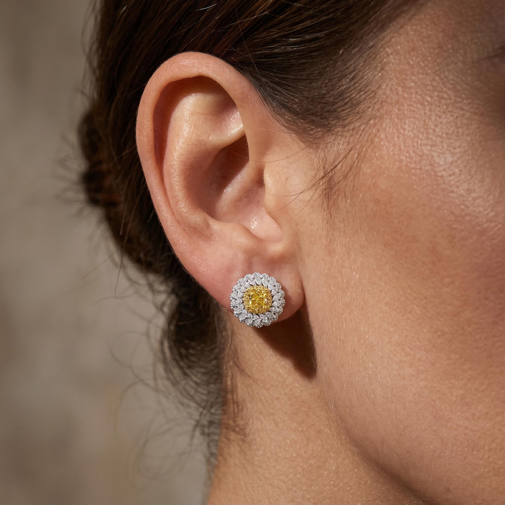 3.87 ct.tw. 2-in-1 Detachable Yellow Cushion Cut with Marquise Cut Floral Halo Stud Earrings 3.87 ct.tw. 2-in-1 Detachable Yellow Cushion Cut with Marquise Cut Floral Halo Stud Earrings