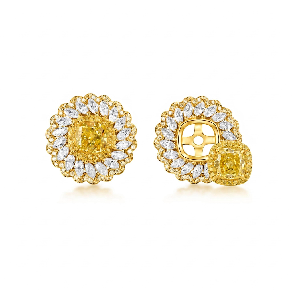3.87 ct.tw. 2-in-1 Detachable Yellow Cushion Cut with Marquise Cut Floral Halo Stud Earrings 3.87 ct.tw. 2-in-1 Detachable Yellow Cushion Cut with Marquise Cut Floral Halo Stud Earrings