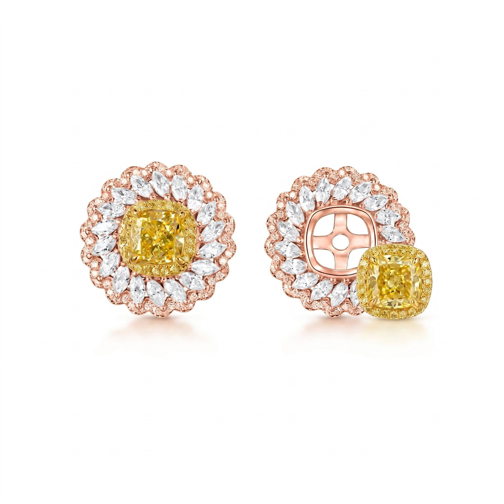 3.87 ct.tw. 2-in-1 Detachable Yellow Cushion Cut with Marquise Cut Floral Halo Stud Earrings 3.87 ct.tw. 2-in-1 Detachable Yellow Cushion Cut with Marquise Cut Floral Halo Stud Earrings