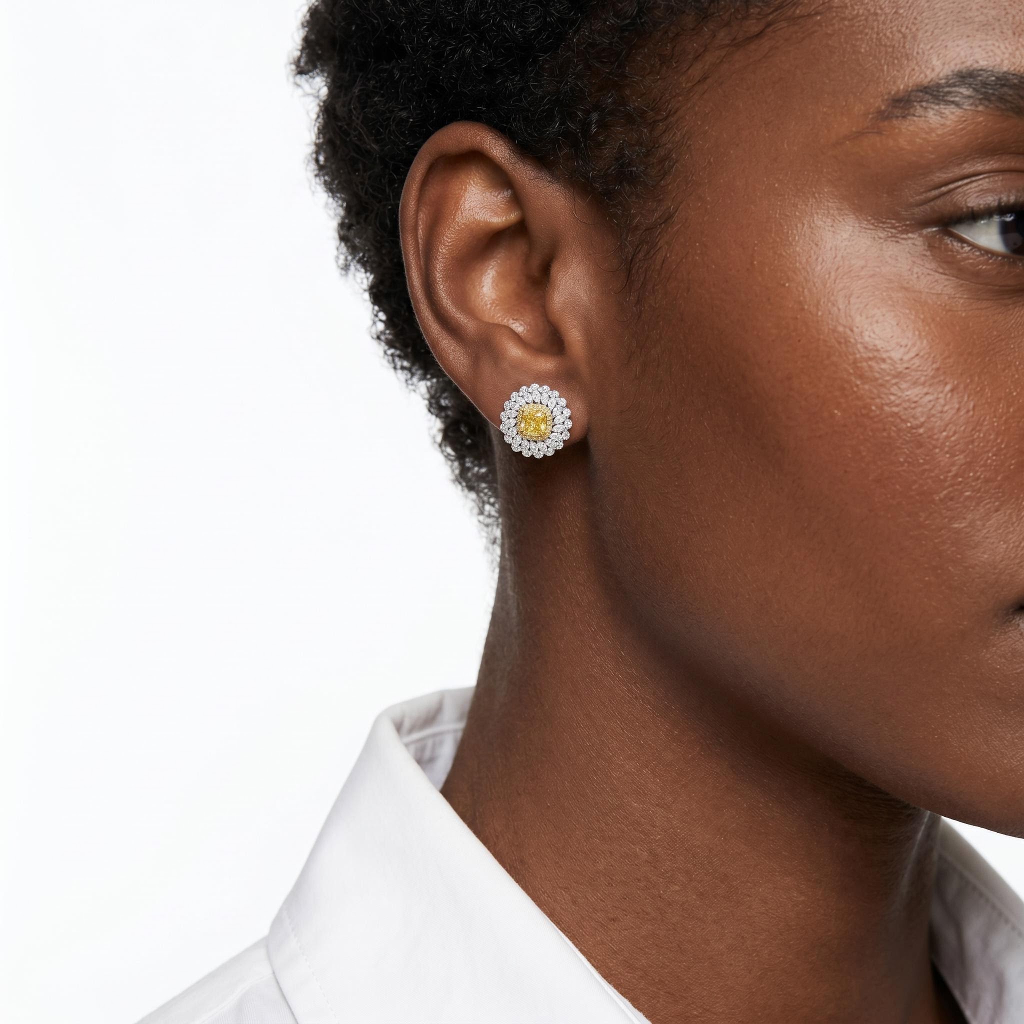 3.87 ct.tw. 2-in-1 Detachable Yellow Cushion Cut with Marquise Cut Floral Halo Stud Earrings 3.87 ct.tw. 2-in-1 Detachable Yellow Cushion Cut with Marquise Cut Floral Halo Stud Earrings
