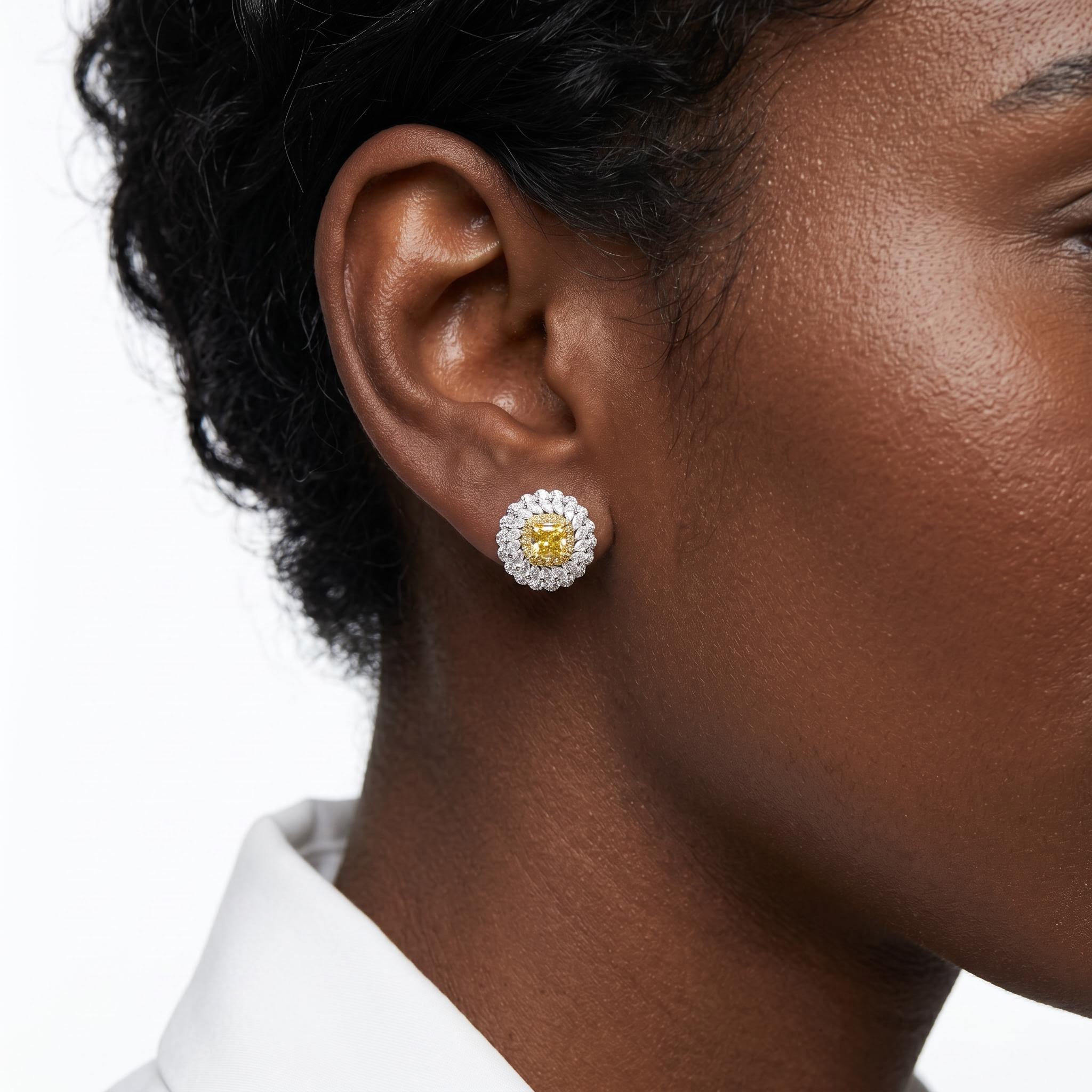 3.87 ct.tw. 2-in-1 Detachable Yellow Cushion Cut with Marquise Cut Floral Halo Stud Earrings 3.87 ct.tw. 2-in-1 Detachable Yellow Cushion Cut with Marquise Cut Floral Halo Stud Earrings