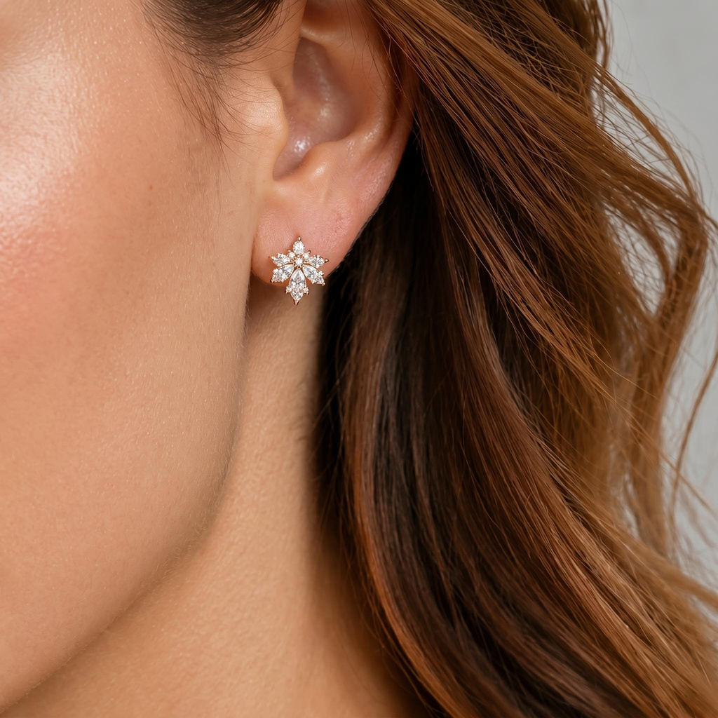 0.74 ct.tw. Maple Leaf Shaped Marquise Stone Halo Pavé Stud Earrings 0.74 ct.tw. Maple Leaf Shaped Marquise Stone Halo Pavé Stud Earrings