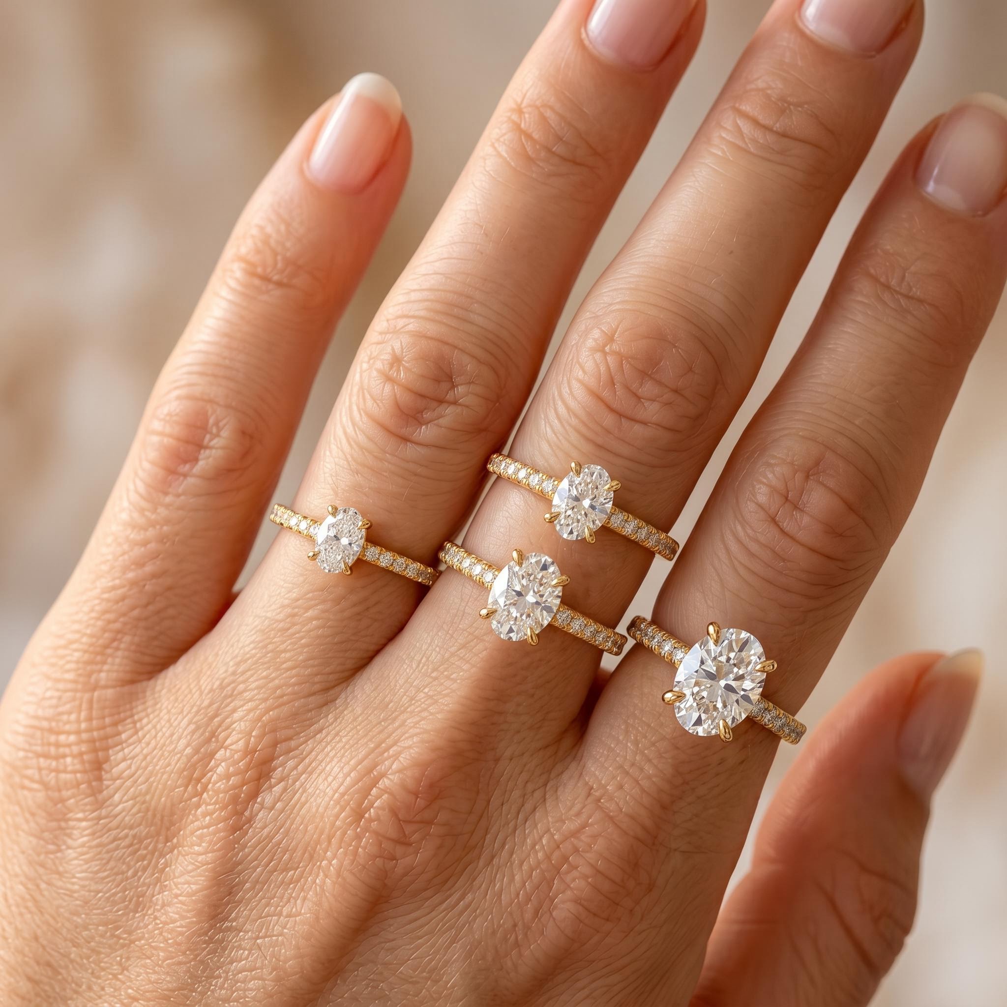 0.3Ct/0.5Ct/1Ct/1.5Ct Classic Oval-Cut Paved Solitaire Lab Grown Diamond Engagement Ring