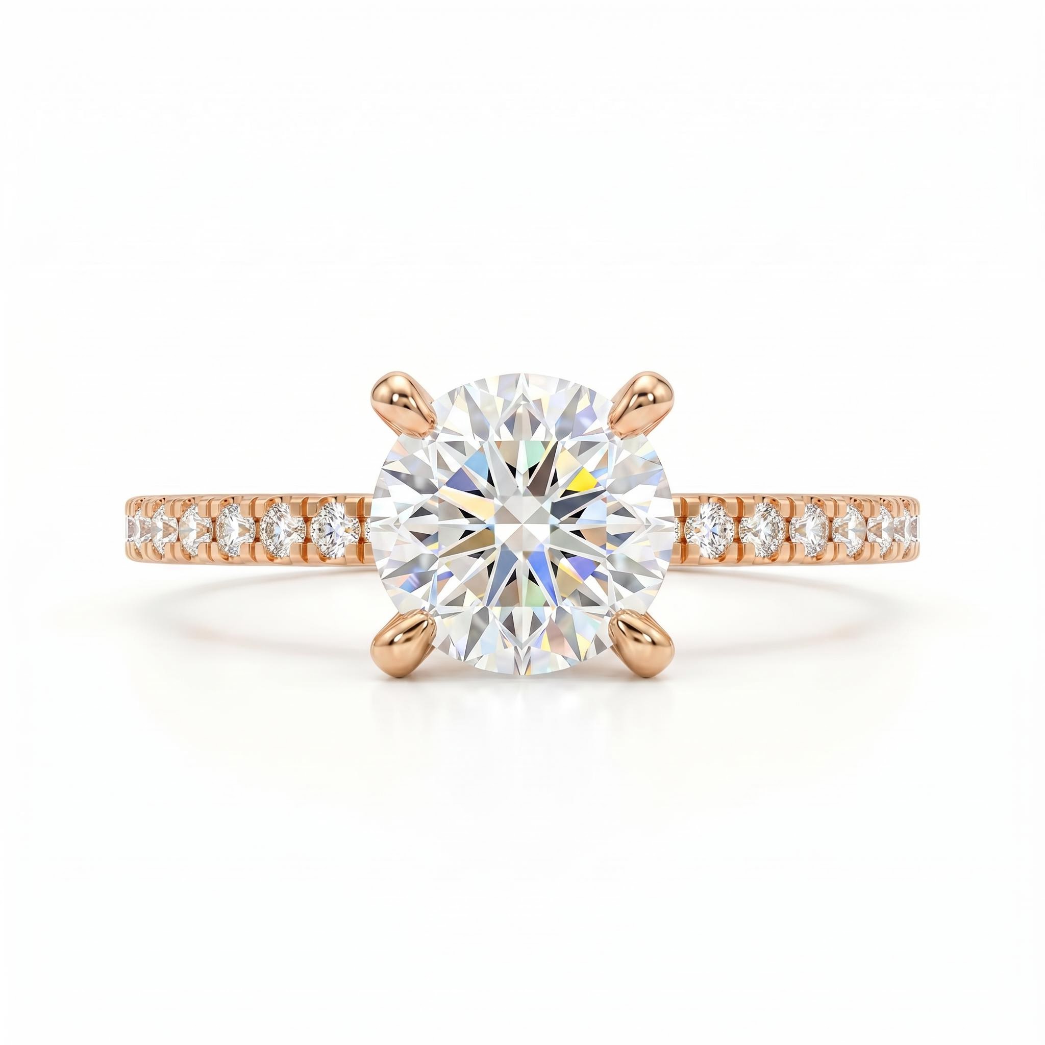 0.5Ct/0.8Ct/1.0Ct Classic Four-Prong Round Cut Pave Shank Lab Grown Diamond Engagement Ring