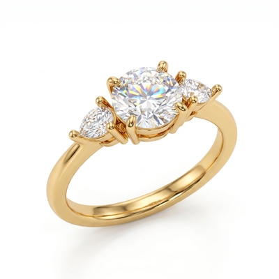 0.75Ct/1.0Ct Elegant Three-Stone Round with Pear Cut Lab Grown Diamond Engagement Ring