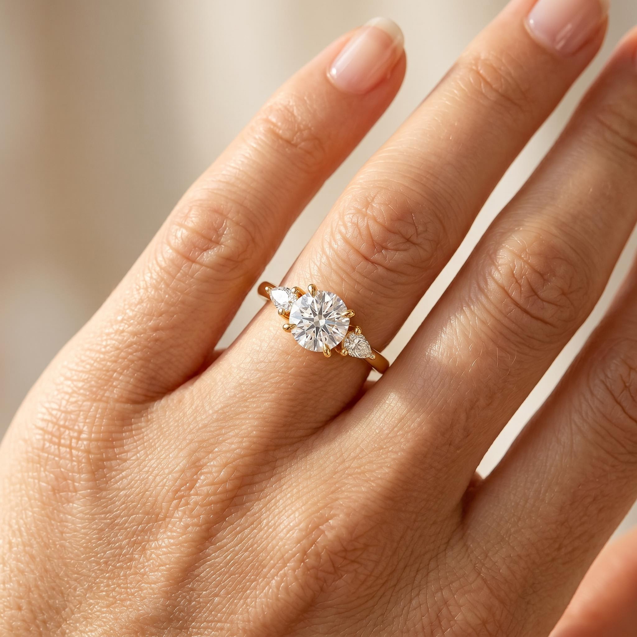 0.75Ct/1.0Ct Elegant Three-Stone Round with Pear Cut Lab Grown Diamond Engagement Ring