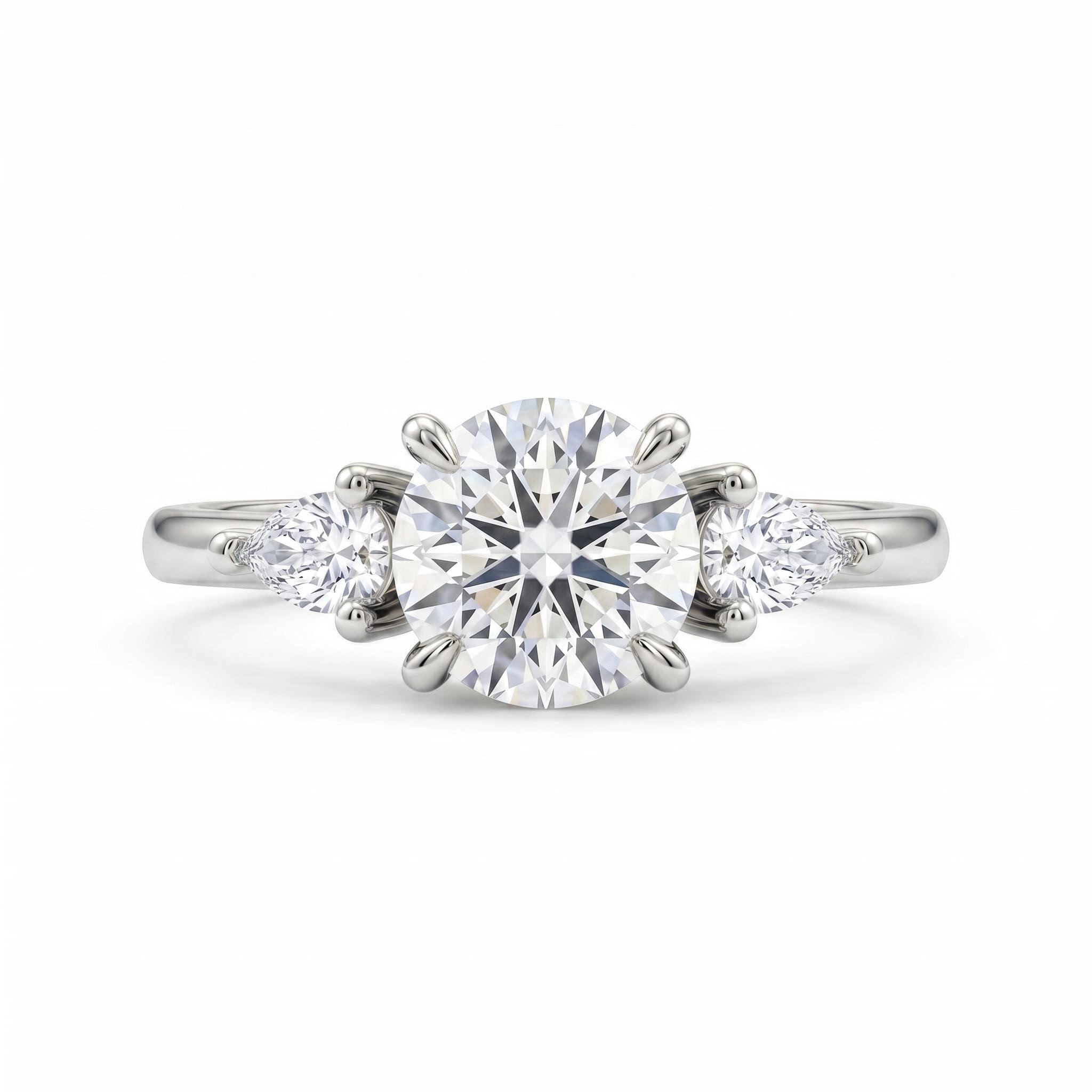 0.75Ct/1.0Ct Elegant Three-Stone Round with Pear Cut Lab Grown Diamond Engagement Ring