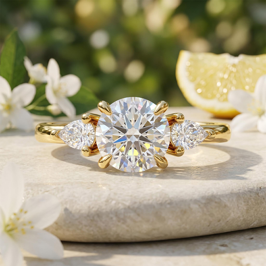 0.75Ct/1.0Ct Elegant Three-Stone Round with Pear Cut Lab Grown Diamond Engagement Ring