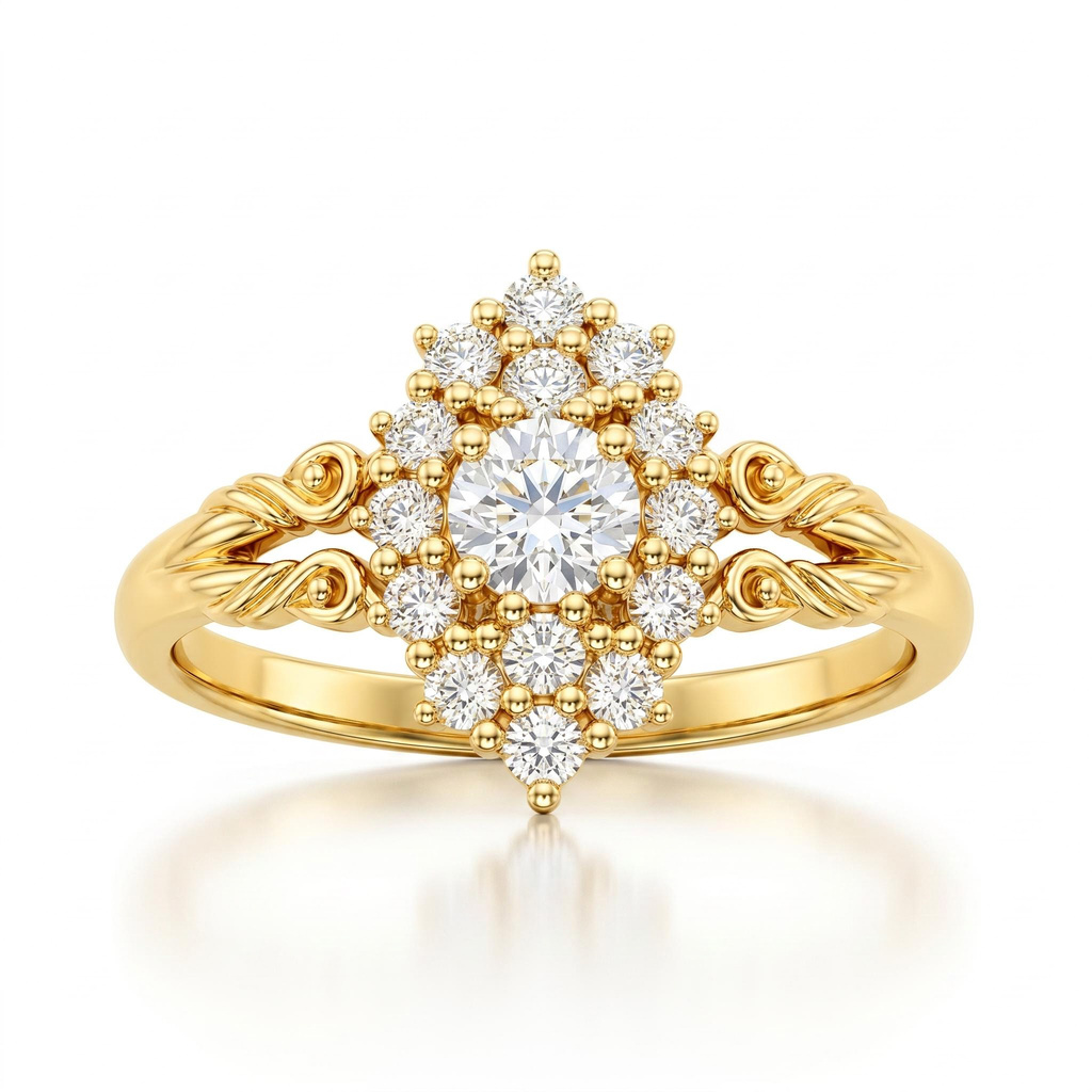 0.71 ct.tw. Vintage Star Halo Round Cut Carved Engagement Ring 0.71 ct.tw. Vintage Star Halo Round Cut Carved Engagement Ring