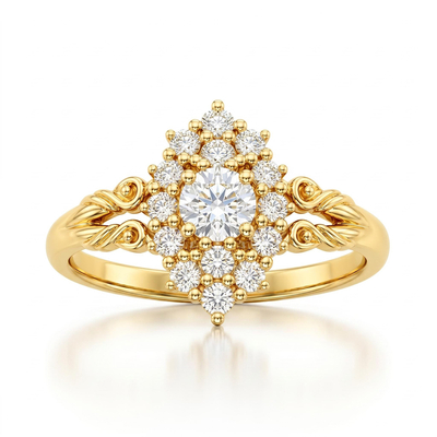 0.71 ct.tw. Vintage Star Halo Round Cut Carved Engagement Ring