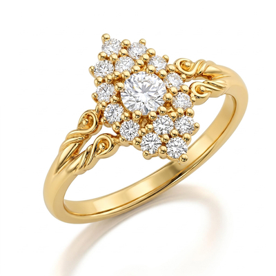 0.71 ct.tw. Vintage Star Halo Round Cut Carved Engagement Ring