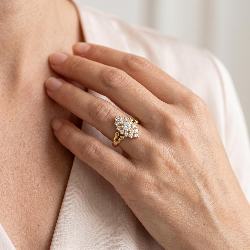 0.71 ct.tw. Vintage Star Halo Round Cut Carved Engagement Ring 0.71 ct.tw. Vintage Star Halo Round Cut Carved Engagement Ring