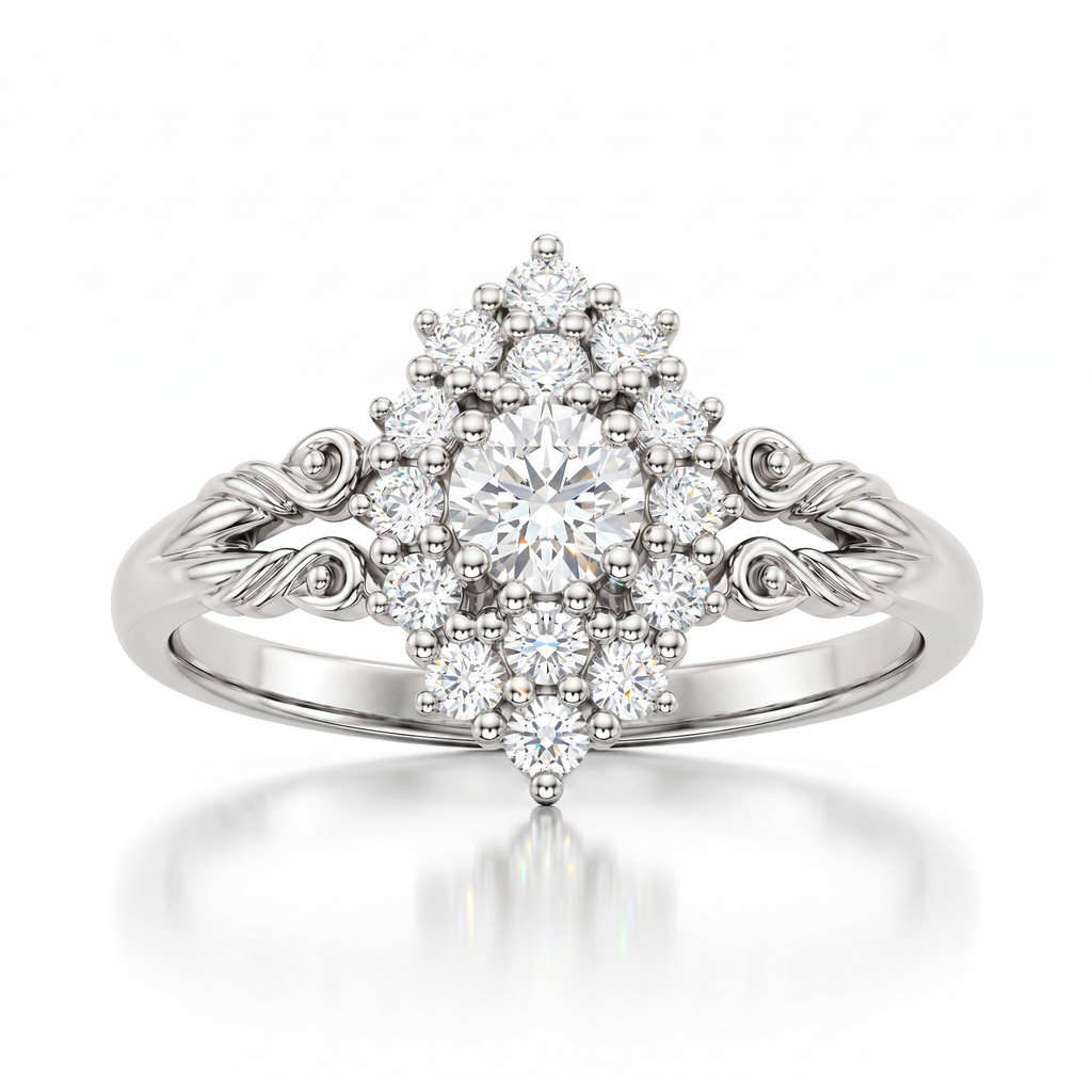 0.71 ct.tw. Vintage Star Halo Round Cut Carved Engagement Ring 0.71 ct.tw. Vintage Star Halo Round Cut Carved Engagement Ring