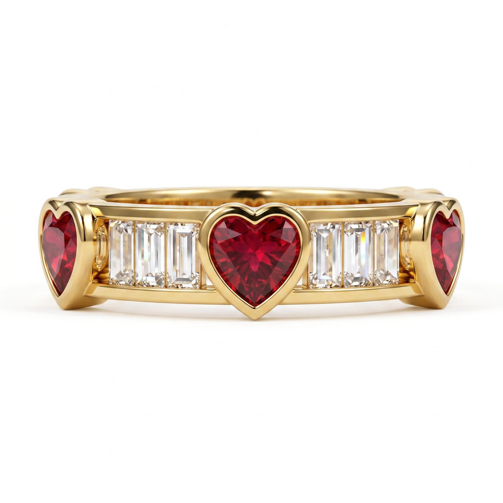 6.06 ct.tw. Alternating Ruby Heart & White Baguette Cut Eternity Band Ring