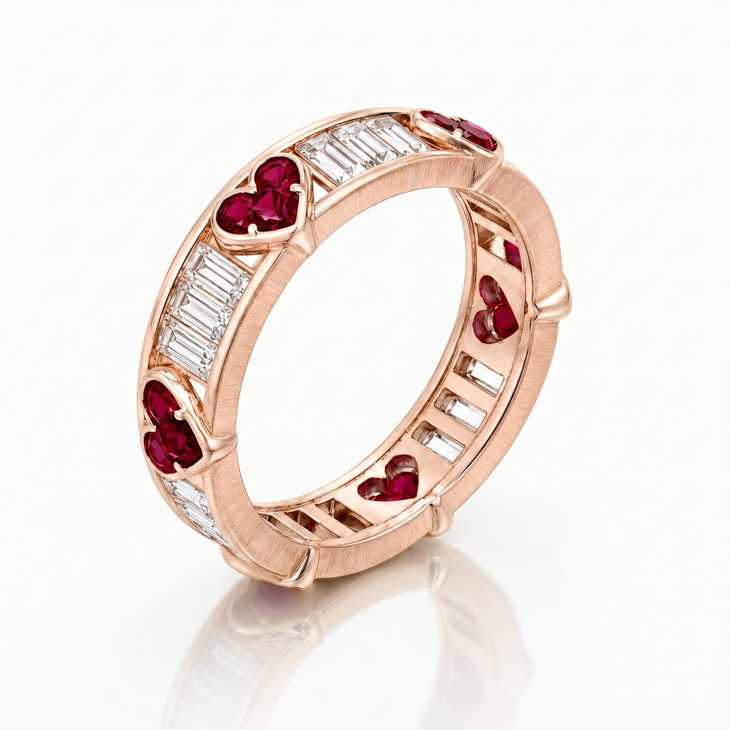 6.06 ct.tw. Alternating Ruby Heart & White Baguette Cut Eternity Band Ring
