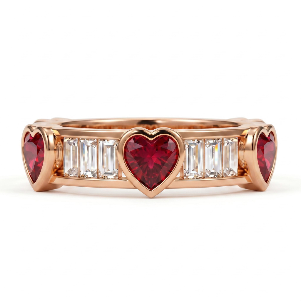 6.06 ct.tw. Alternating Ruby Heart & White Baguette Cut Eternity Band Ring