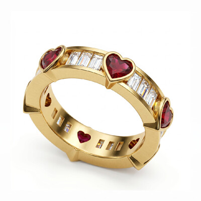 6.06 ct.tw. Alternating Ruby Heart & White Baguette Cut Eternity Band Ring