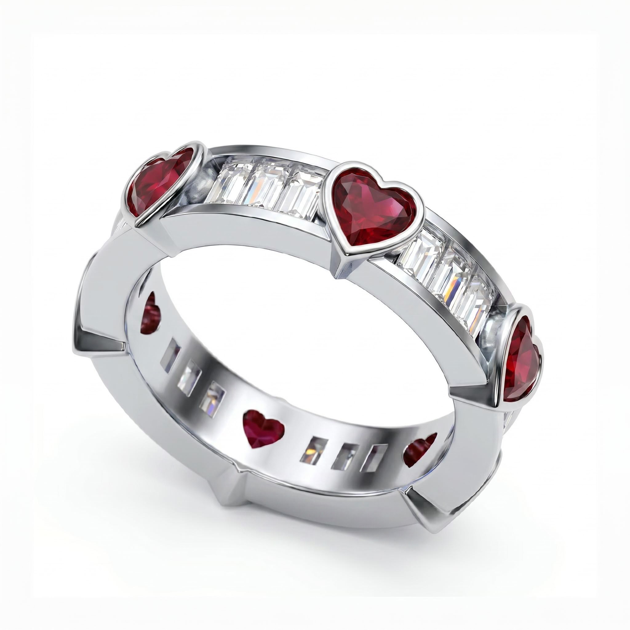 6.06 ct.tw. Alternating Ruby Heart & White Baguette Cut Eternity Band Ring