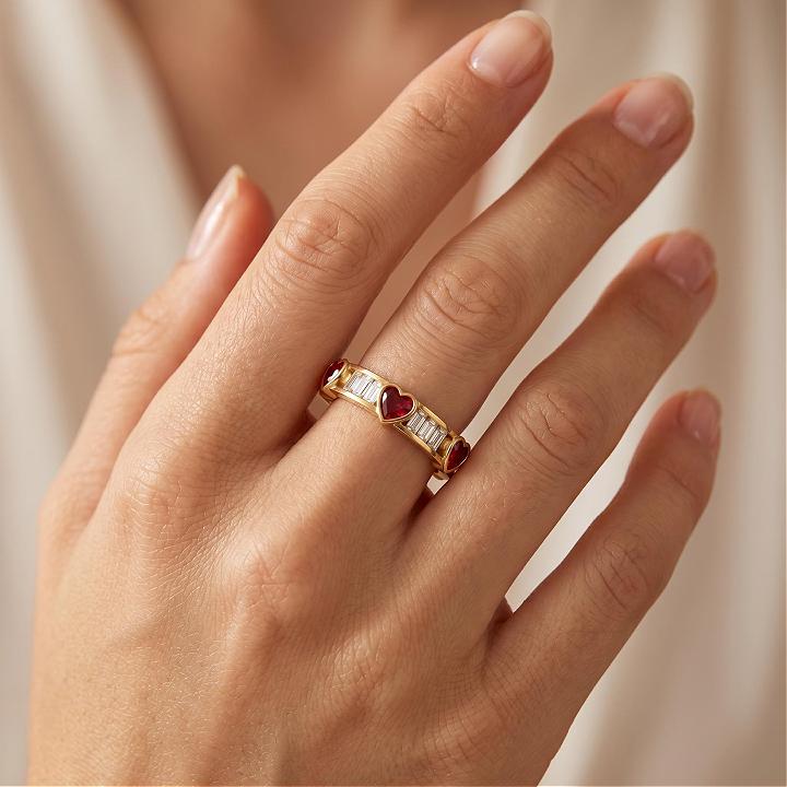 6.06 ct.tw. Alternating Ruby Heart & White Baguette Cut Eternity Band Ring 6.06 ct.tw. Alternating Ruby Heart & White Baguette Cut Eternity Band Ring