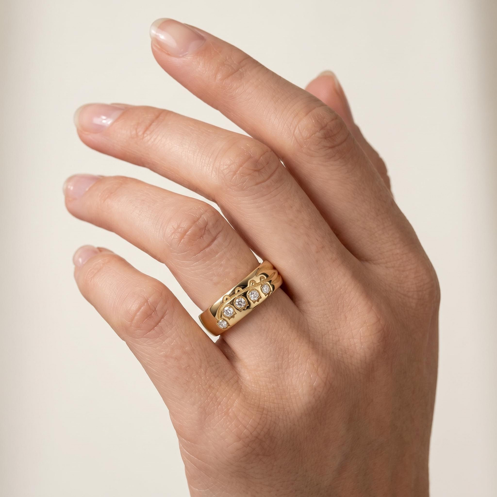 0.11 ct.tw. Sandblasted Textured Wide Band Round Stone Inlaid Band Ring