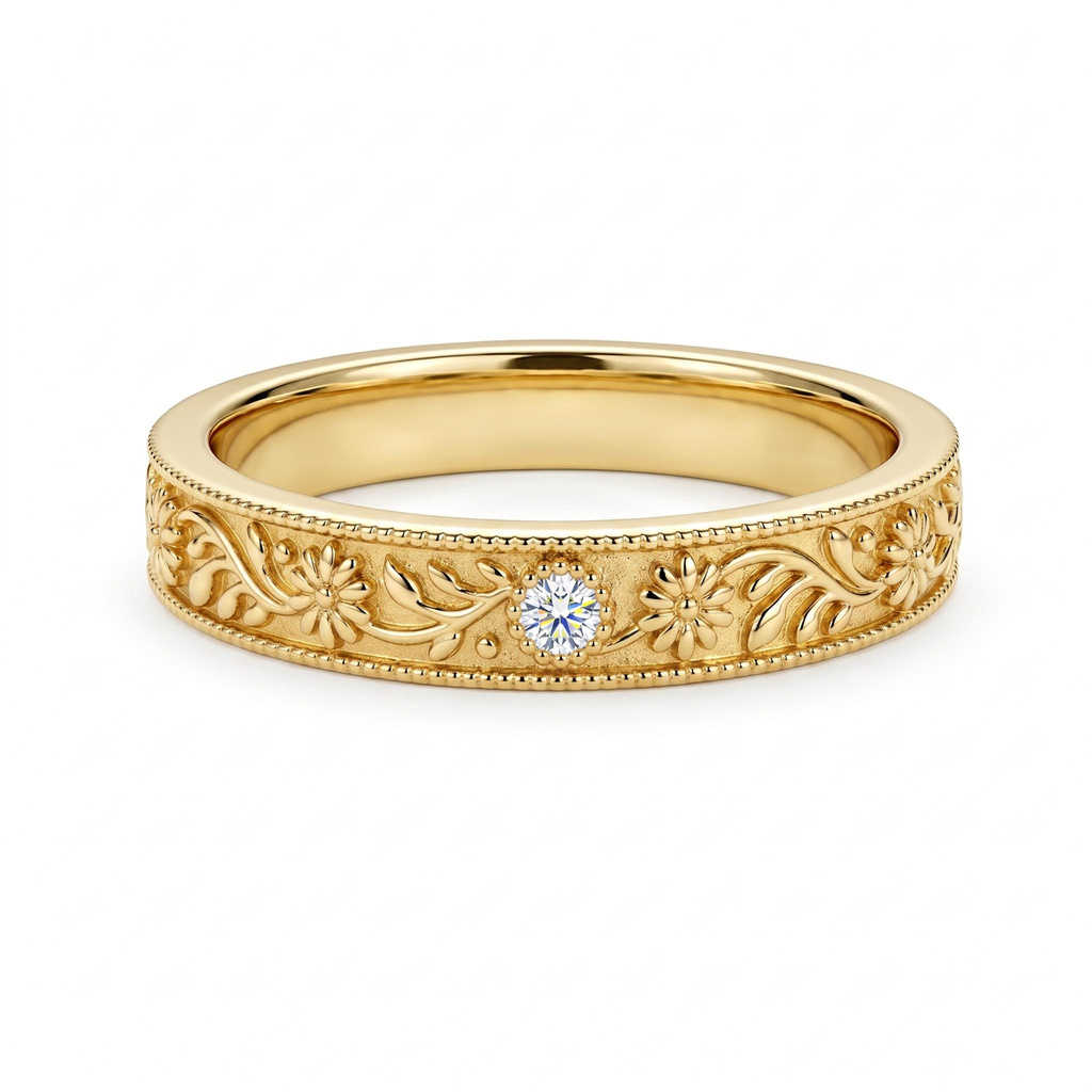 0.02 ct.tw. Vintage Floral Engraved Milgrain Band Ring 0.02 ct.tw. Vintage Floral Engraved Milgrain Band Ring