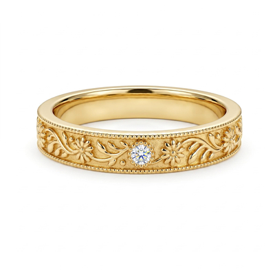 0.02 ct.tw. Vintage Floral Engraved Milgrain Band Ring