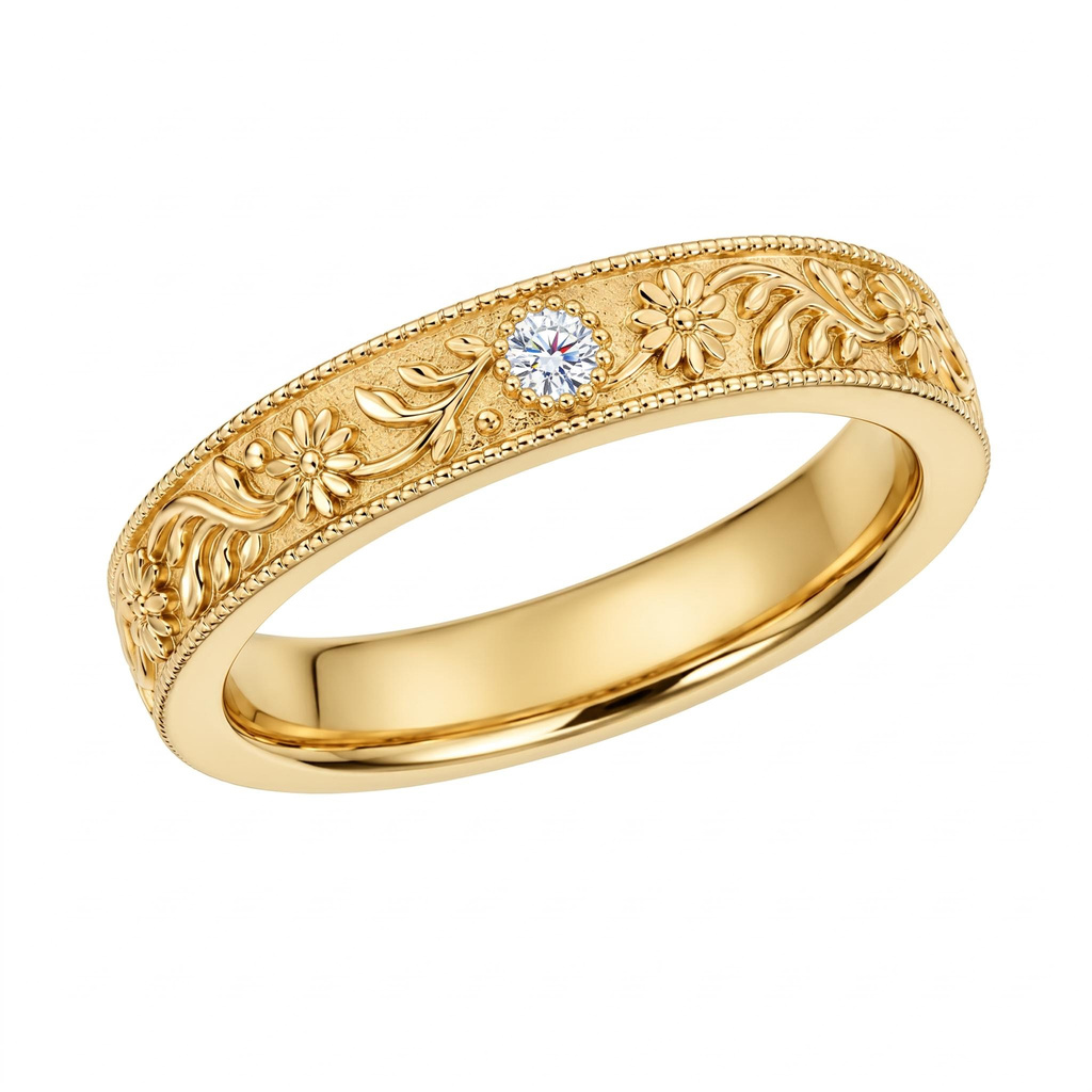 0.02 ct.tw. Vintage Floral Engraved Milgrain Band Ring 0.02 ct.tw. Vintage Floral Engraved Milgrain Band Ring