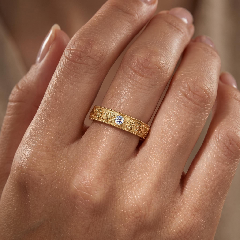0.02 ct.tw. Vintage Floral Engraved Milgrain Band Ring 0.02 ct.tw. Vintage Floral Engraved Milgrain Band Ring