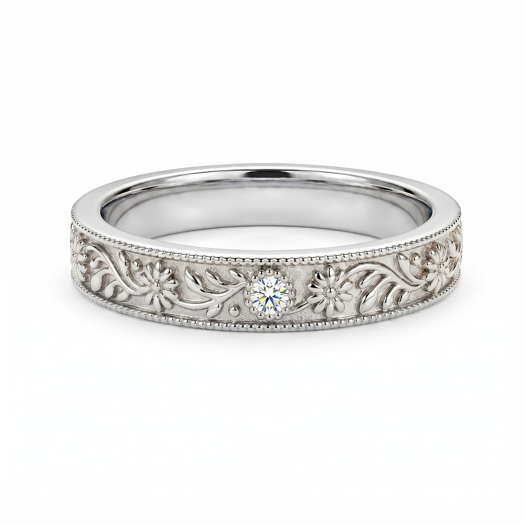 0.02 ct.tw. Vintage Floral Engraved Milgrain Band Ring 0.02 ct.tw. Vintage Floral Engraved Milgrain Band Ring
