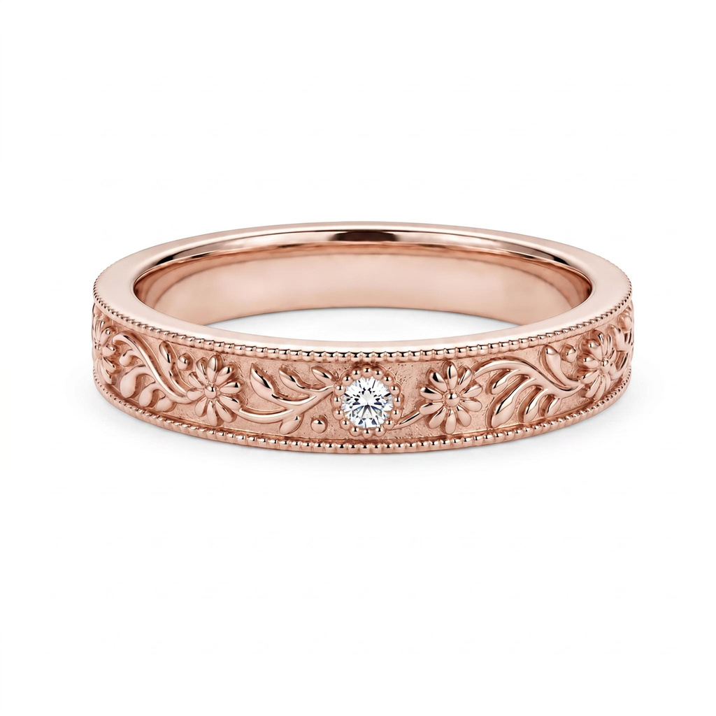 0.02 ct.tw. Vintage Floral Engraved Milgrain Band Ring 0.02 ct.tw. Vintage Floral Engraved Milgrain Band Ring