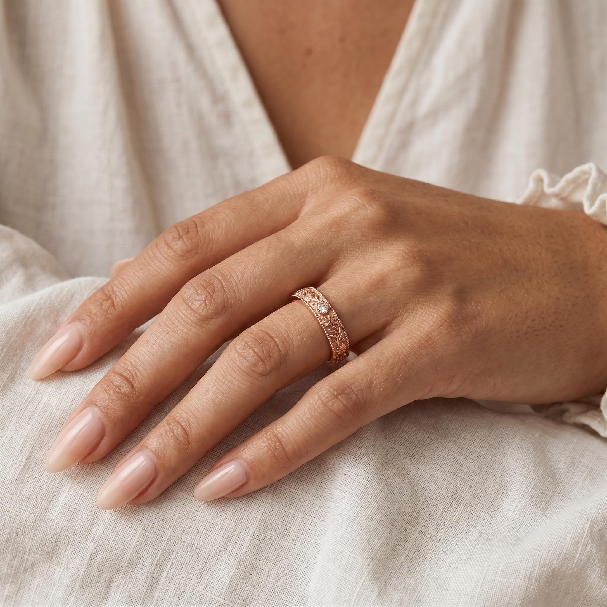0.02 ct.tw. Vintage Floral Engraved Milgrain Band Ring 0.02 ct.tw. Vintage Floral Engraved Milgrain Band Ring