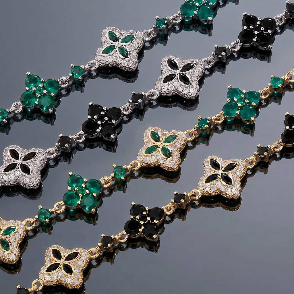 Iced Out 14mm Four Leaf Clover Bracelet - Black/Emerald