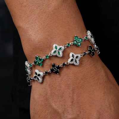 Iced Out 14mm Four Leaf Clover Bracelet - Black/Emerald