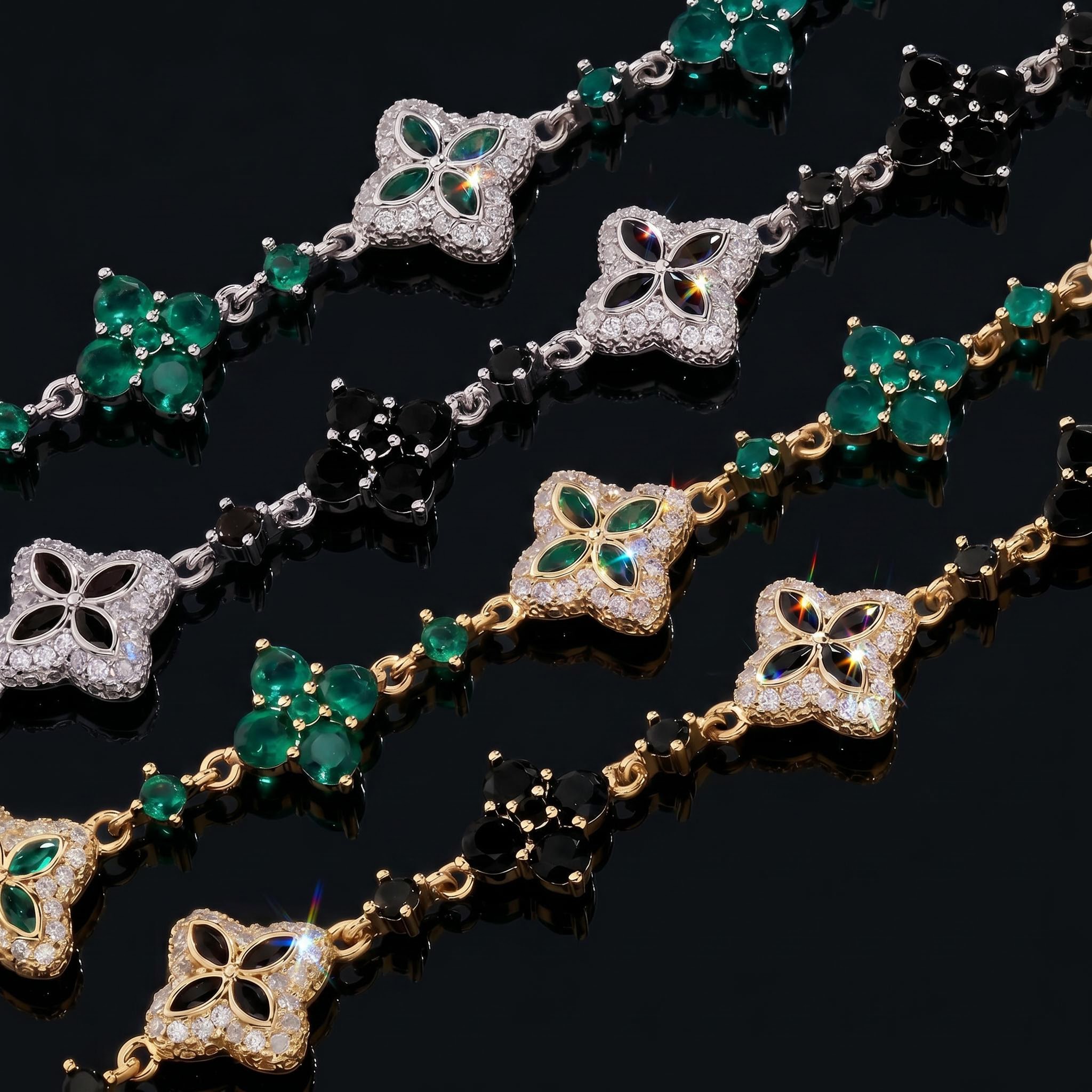 Iced Out 14mm Four Leaf Clover Bracelet - Black/Emerald Iced Out 14mm Four Leaf Clover Bracelet - Black/Emerald