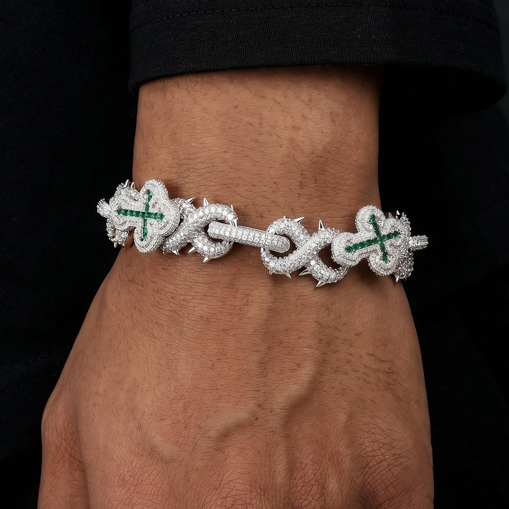 20mm Iced Out Detachable Spiked Infinity Emerald Cross Link Bracelet