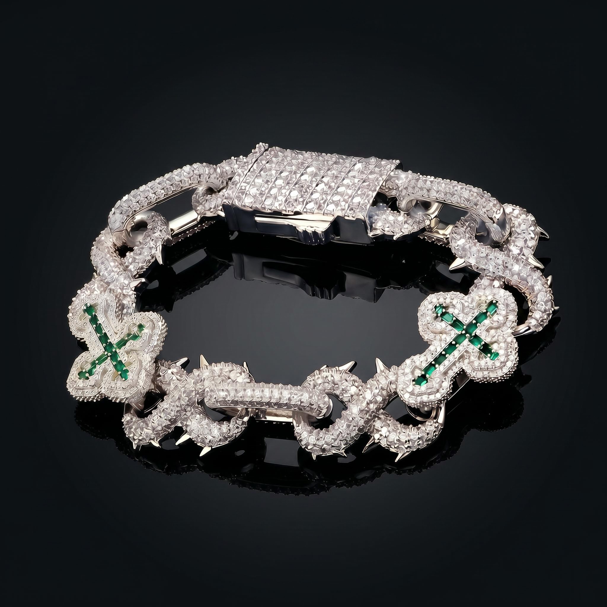 20mm Iced Out Detachable Spiked Infinity Emerald Cross Link Bracelet 20mm Iced Out Detachable Spiked Infinity Emerald Cross Link Bracelet
