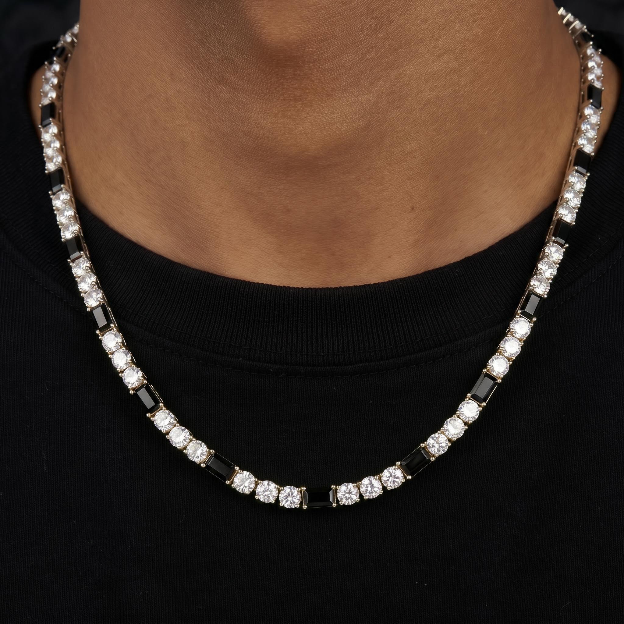 4mm Iced Out Black Baguette & White Round Stone Tennis Chain 4mm Iced Out Black Baguette & White Round Stone Tennis Chain