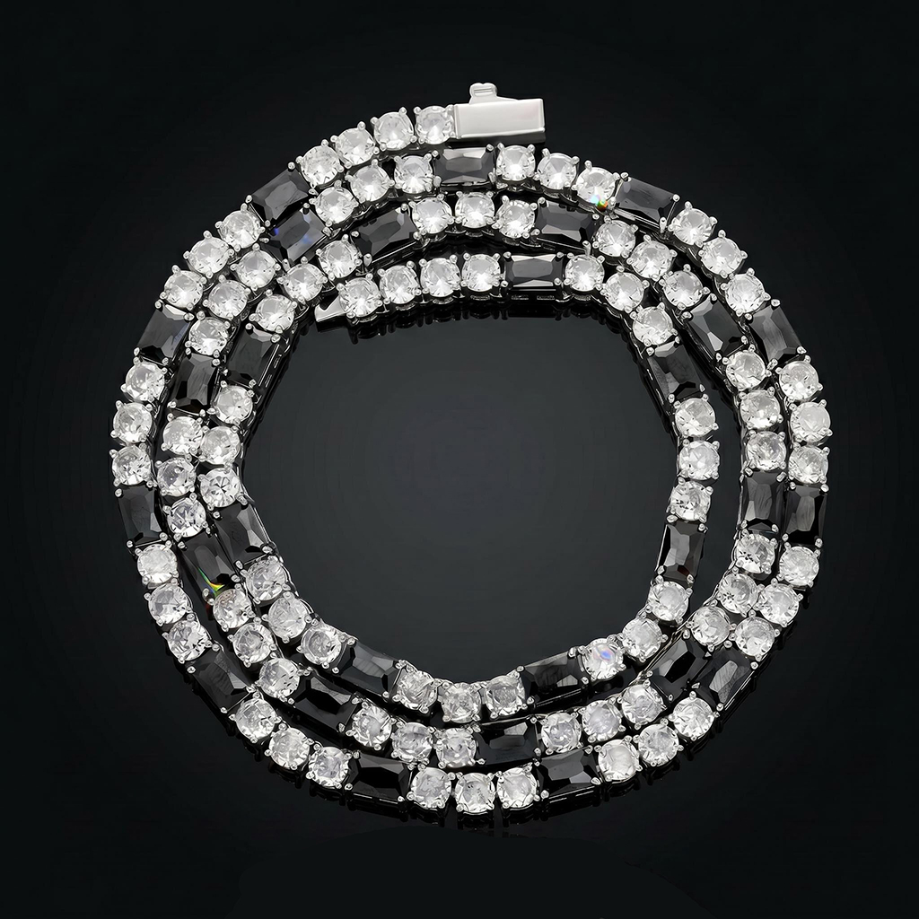 4mm Iced Out Black Baguette & White Round Stone Tennis Chain 4mm Iced Out Black Baguette & White Round Stone Tennis Chain