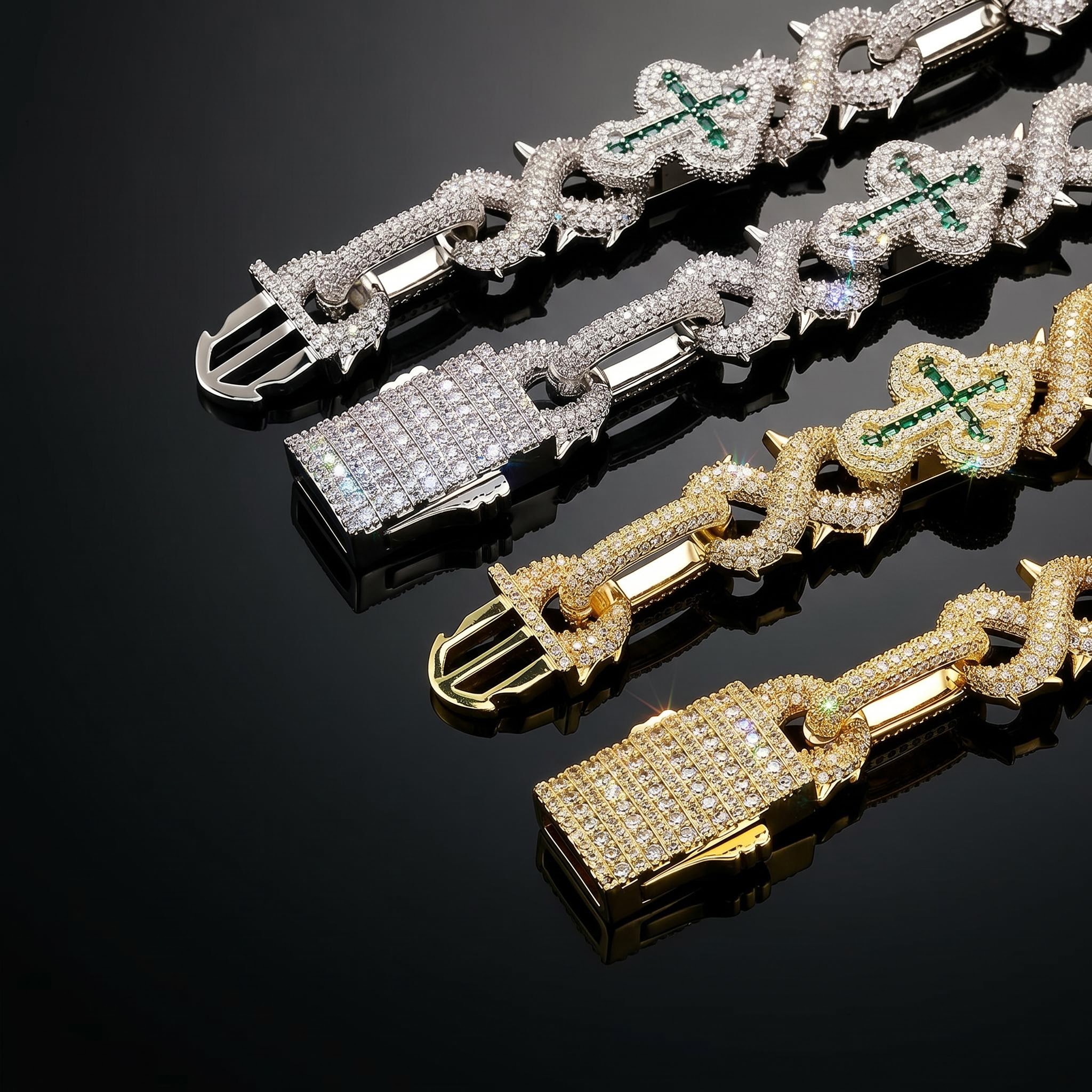20mm Iced Out Detachable Spiked Infinity Emerald Cross Link Chain 20mm Iced Out Detachable Spiked Infinity Emerald Cross Link Chain