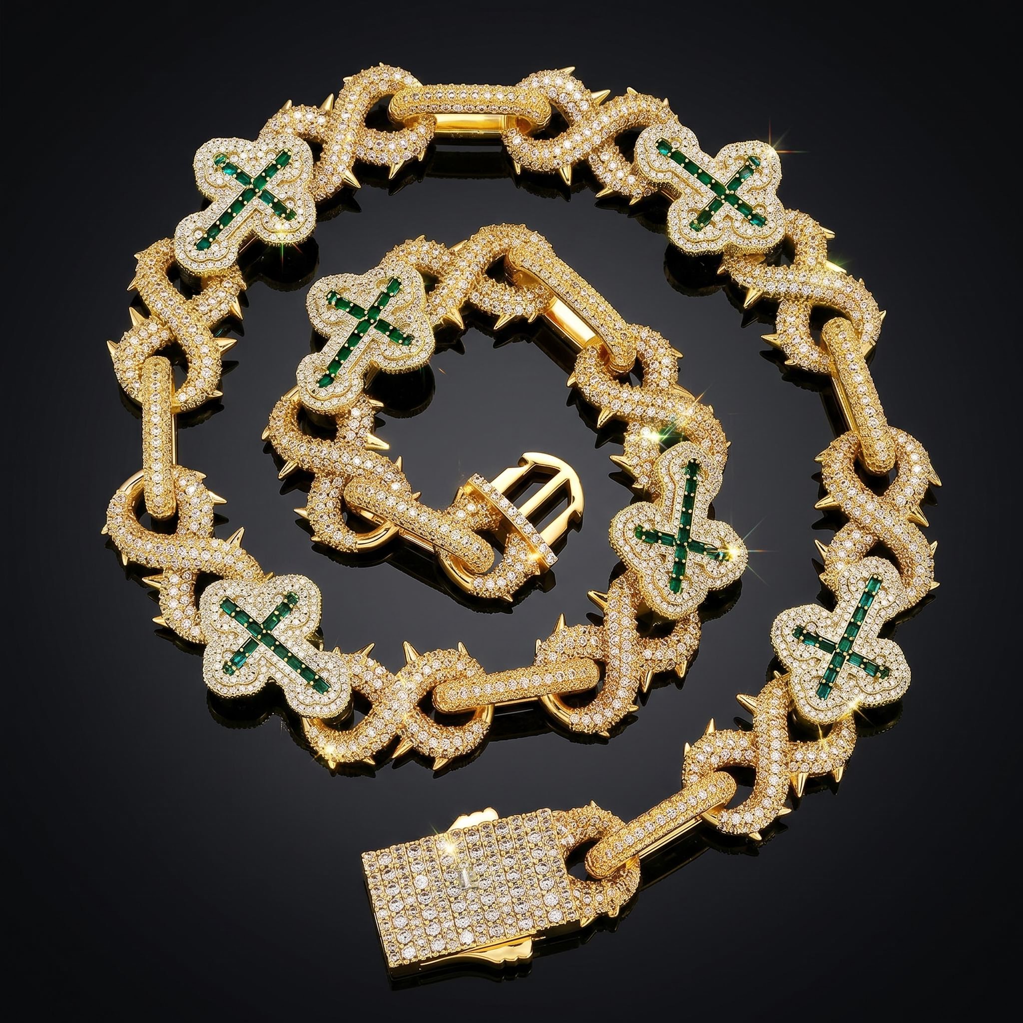 20mm Iced Out Detachable Spiked Infinity Emerald Cross Link Chain 20mm Iced Out Detachable Spiked Infinity Emerald Cross Link Chain