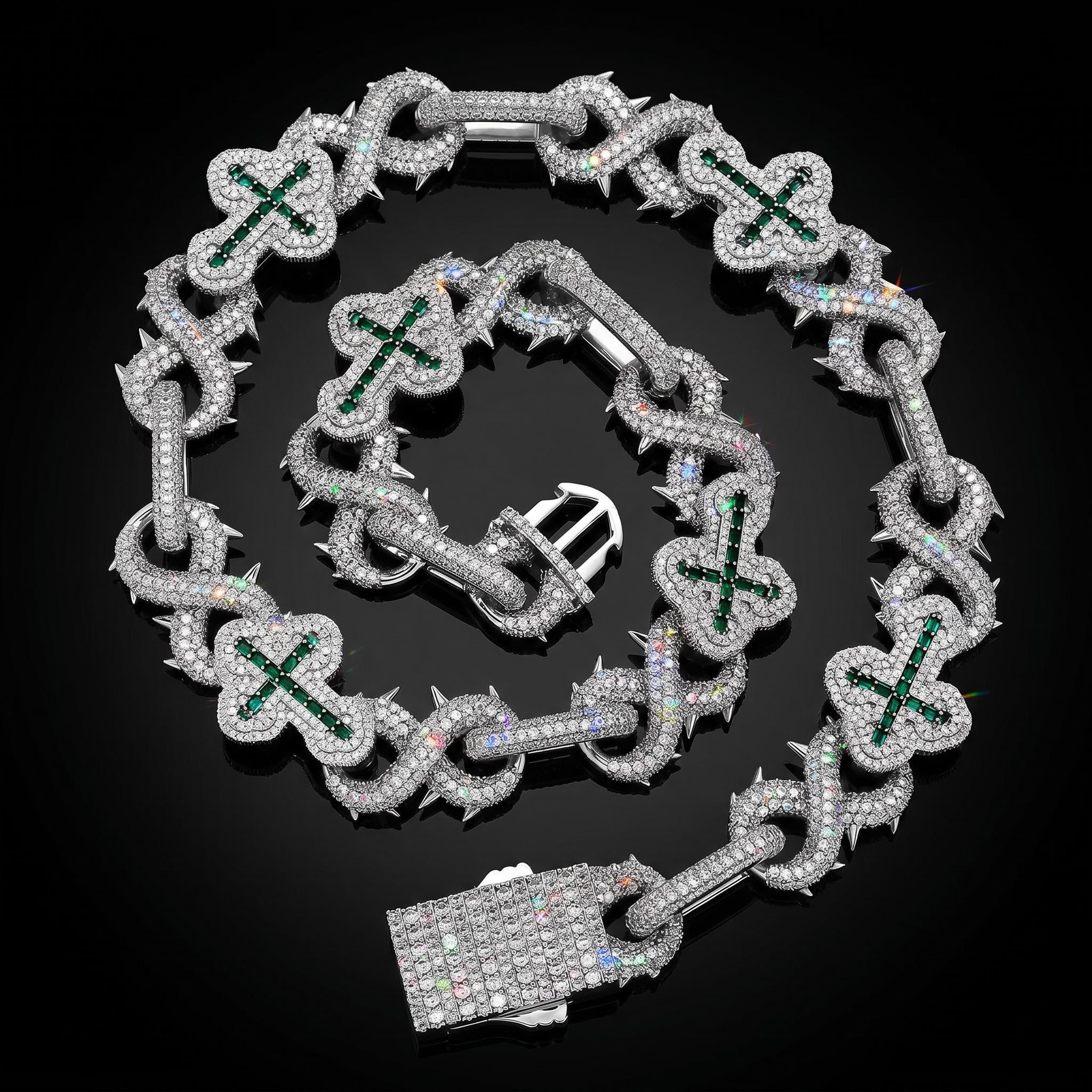 20mm Iced Out Detachable Spiked Infinity Emerald Cross Link Chain 20mm Iced Out Detachable Spiked Infinity Emerald Cross Link Chain